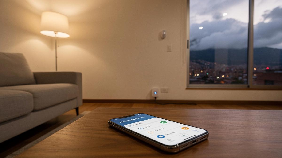 Panel de control de hogar inteligente con luces, sensores y enchufes en una sala